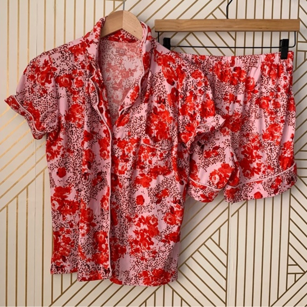 Studio Badgley mischka Floral PJ set short & shirt pink trim piping button front